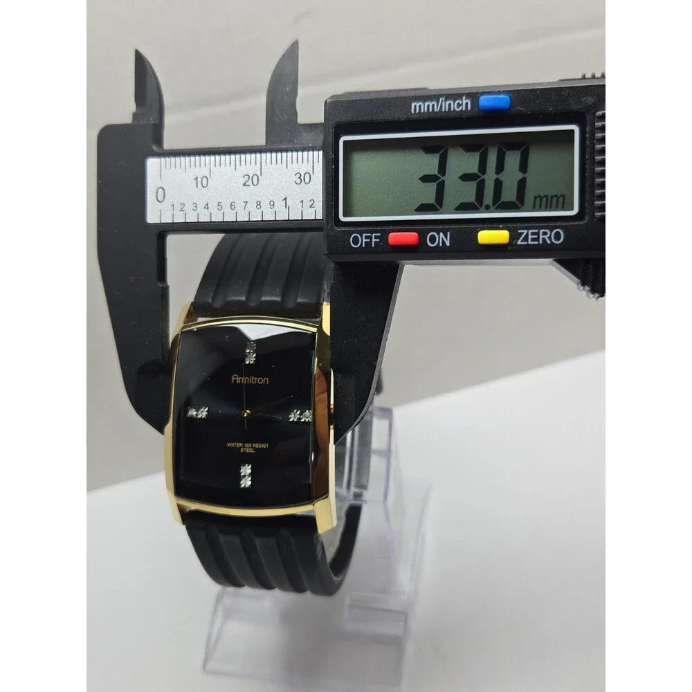 Mens Armitron Diamond 33mm Gold Tone Tank Black Silicon Quartz Watch New Battery